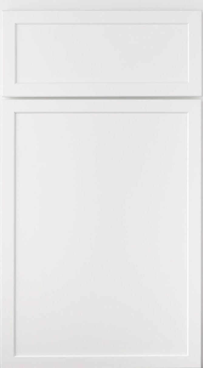 White cabinet door with two recessed panels, one small at top and one large below