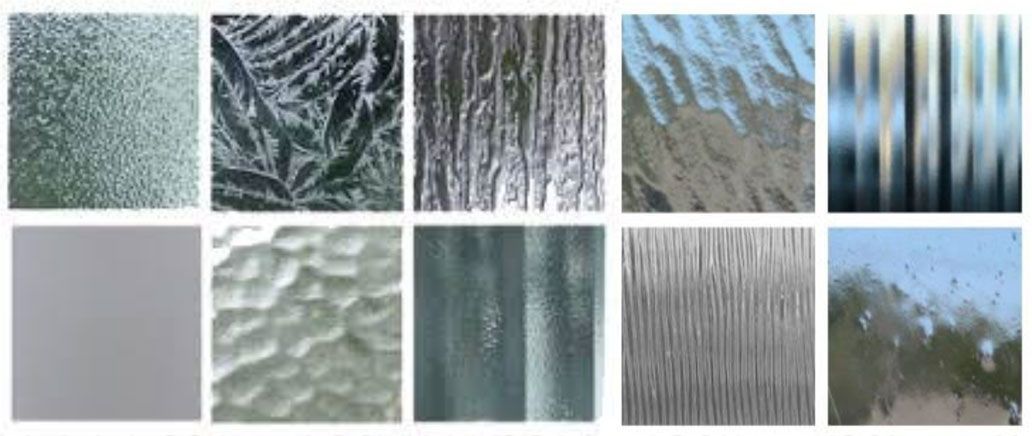 Grid of 10 frosted and patterned glass textures in gray, green, blue, and brown tones