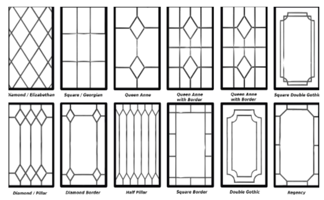 Diagram of decorative window grille patterns with labeled geometric designs