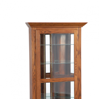 Wooden glass-front display cabinet with curved front doors and shelves