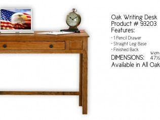 Oak writing desk with American flag photo and clock on top, product features and dimensions listed.