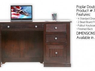 Dark wooden desk with computer monitor and pen cup, shown as a product listing with features text.