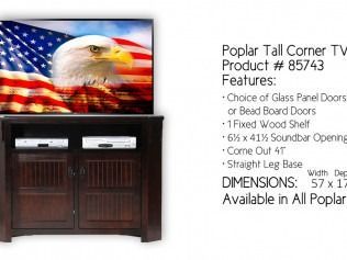 Poplar wood TV stand with flat-screen TV showing eagle and U.S. flag, product feature text beside it