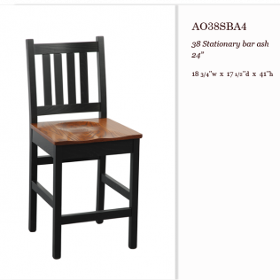Black wooden barstool with brown seat, shown with product dimensions text.