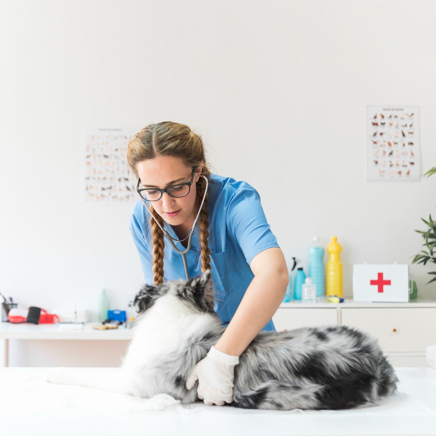 Veterinarian in blue scrubs examining a black-and-white cat on a clinic table