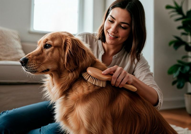 Woman brushing a golden retriever indoors near a window