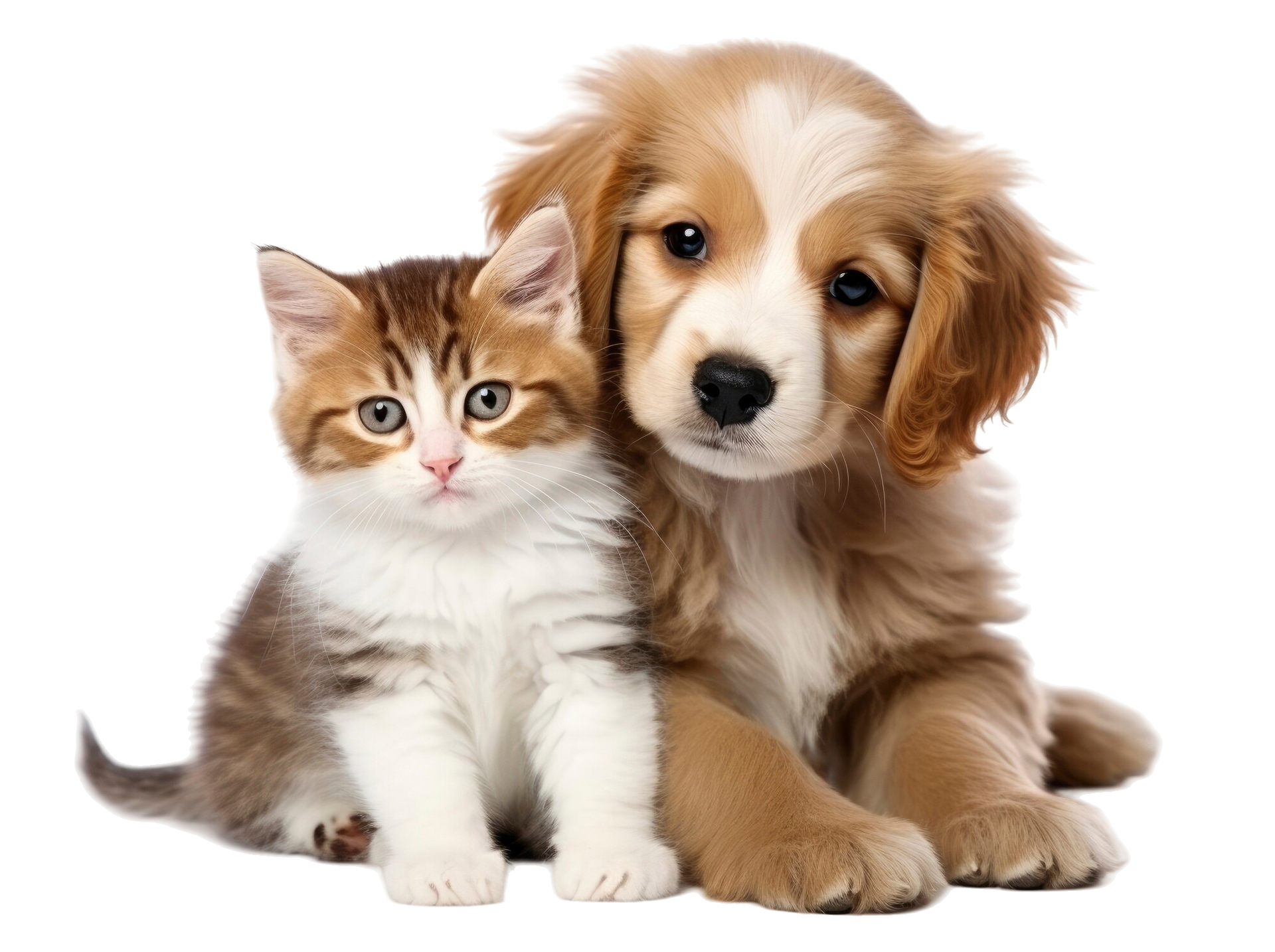 Kitten and puppy sitting side by side on a white background