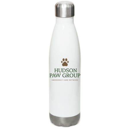 White insulated bottle with silver cap and base, labeled Hudson Paw Group logo