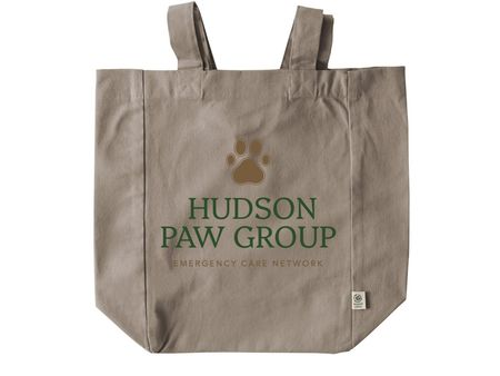 Taupe tote bag with Hudson Paw Group logo and paw print.