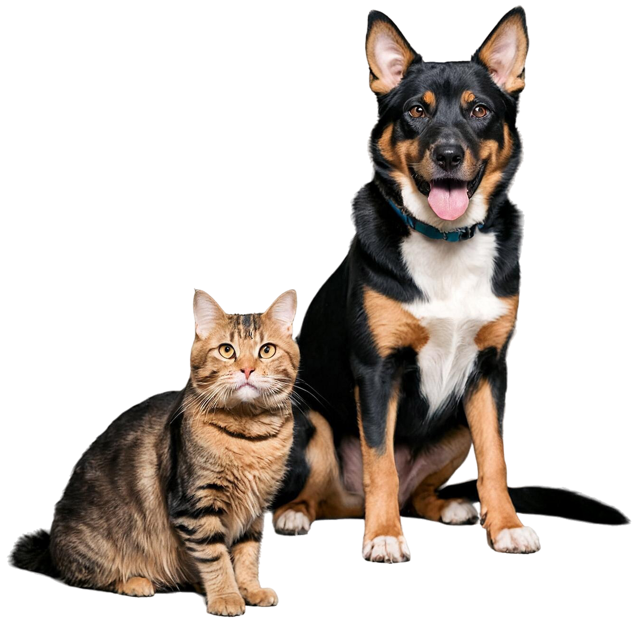 A tabby cat sits beside a black-and-tan dog on a white background, both facing forward.