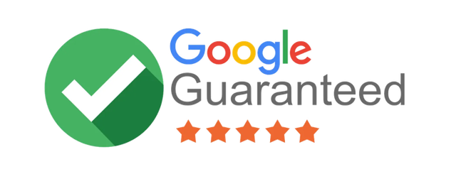 Google Guaranteed badge with green checkmark, five orange stars, and blue-gray text on white background