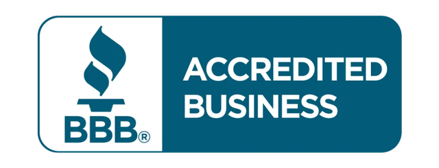 BBB Accredited Business logo with blue icon and white text on a teal background