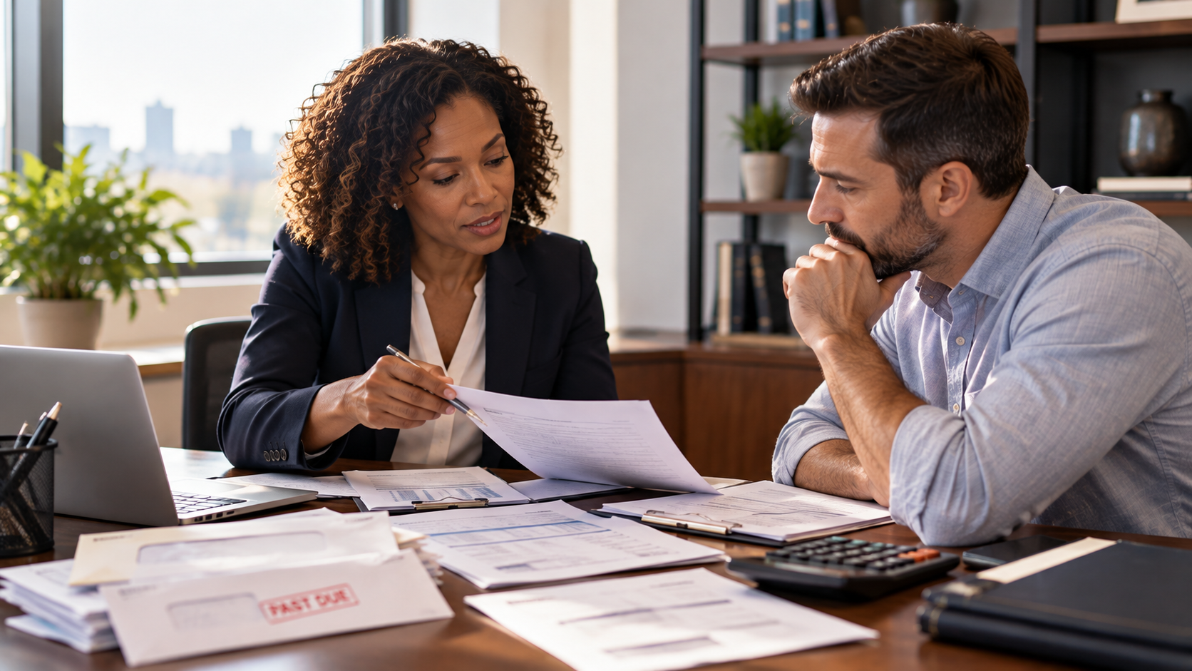Two coworkers reviewing documents at a desk in a bright office