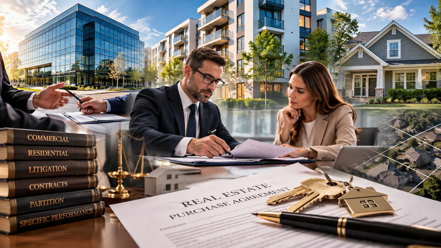 Business couple reviewing real estate documents with house and office building in background, keys and contract visible