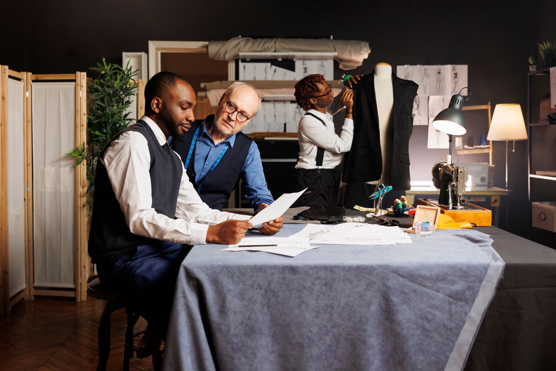 Three people reviewing papers at a table in a warmly lit office or studio