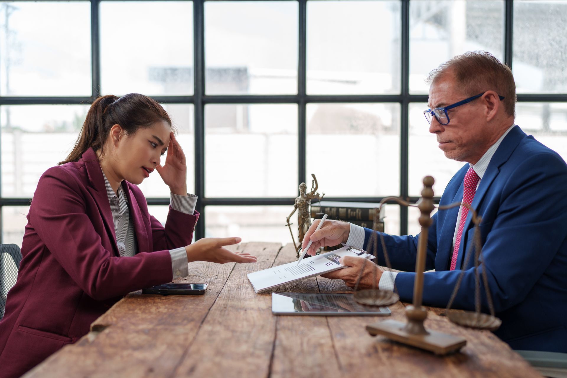 Two professionals in a meeting reviewing papers across a wooden table in a bright office