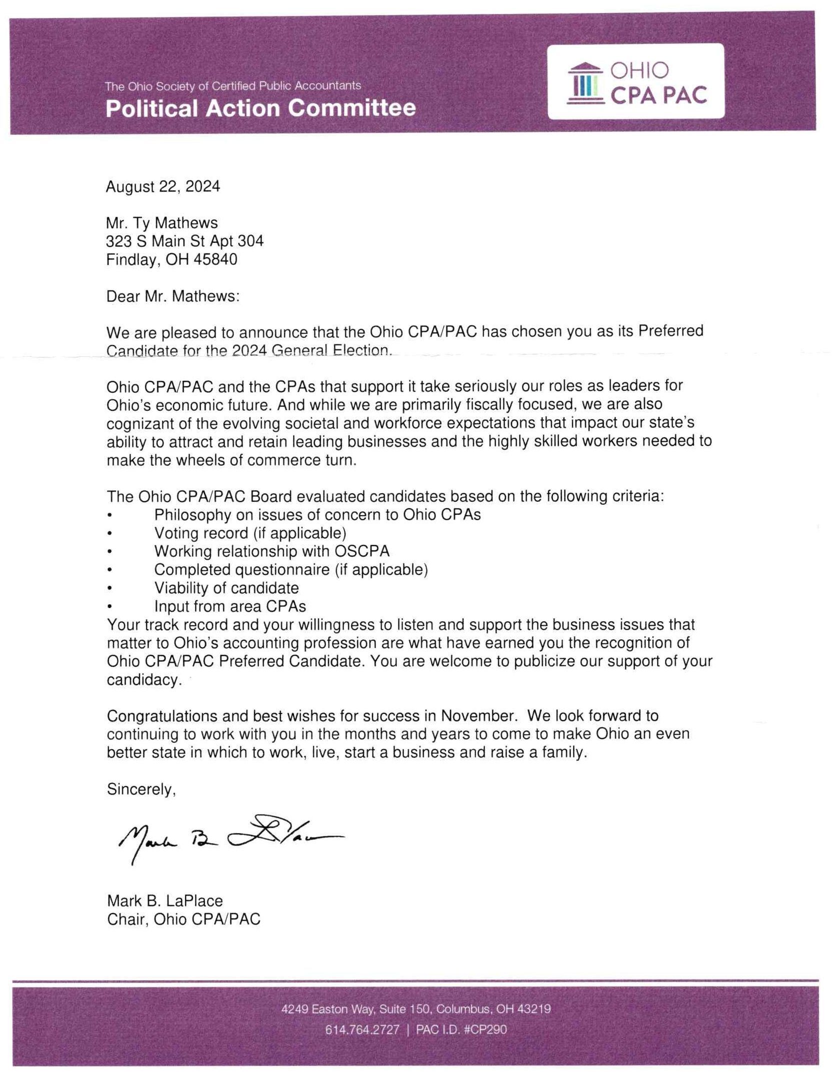 Ohio Society of Certified Public Accountants Endorsement of Ty Mathews for State Representative November 2024 General Election