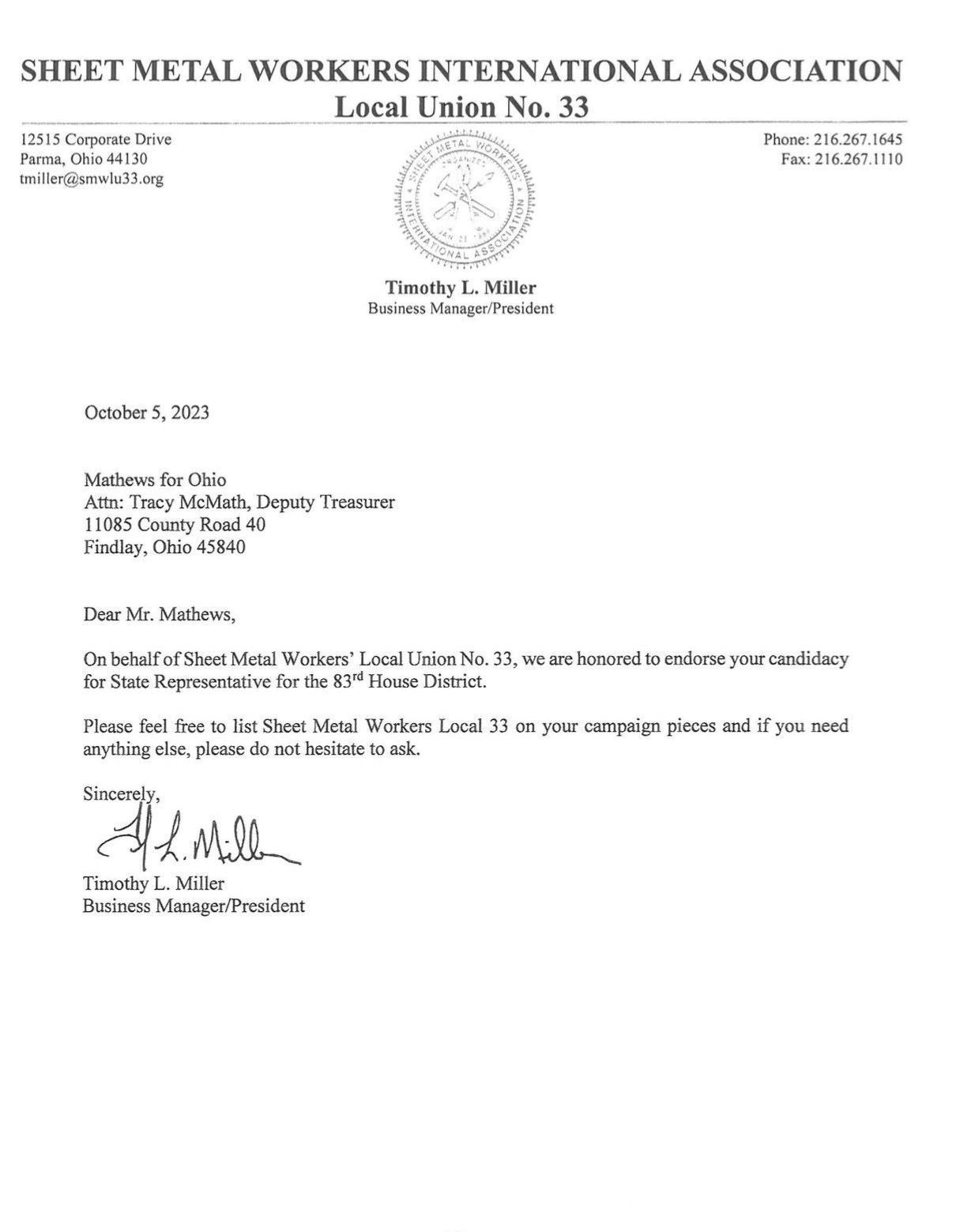 Sheet Metal Workers International Endorsement of Ty Mathews for State Representative