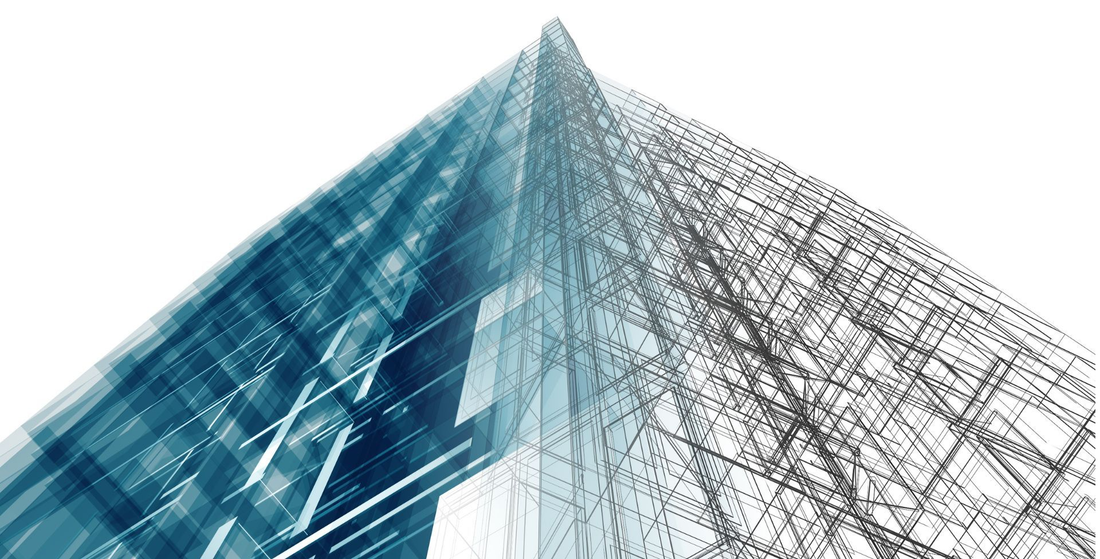 Une représentation architecturale numérique d'un gratte-ciel en bleu et blanc, présentant à la fois une surface vitrée et une structure filaire.