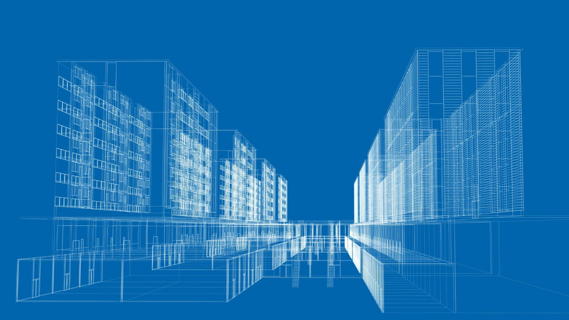 Un croquis architectural filaire blanc représentant des bâtiments de la ville sur un fond bleu uni.