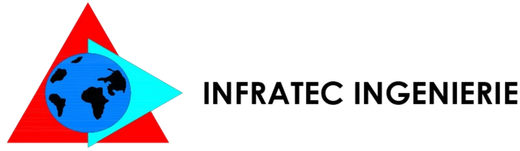 Logo d'Infratec Ingenierie représentant un globe terrestre à l'intérieur d'un triangle rouge et d'un chevron bleu clair, avec le nom de l'entreprise à droite.