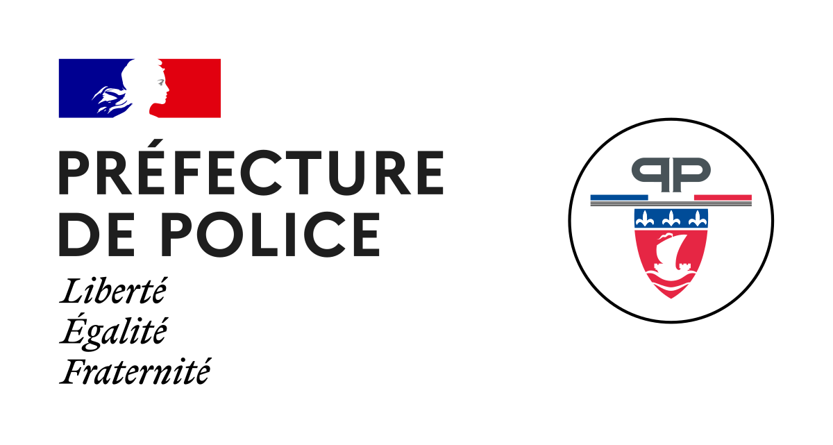 Logo de la préfecture de police de Paris, comportant l'emblème national français, du texte et un sceau circulaire avec un écusson.
