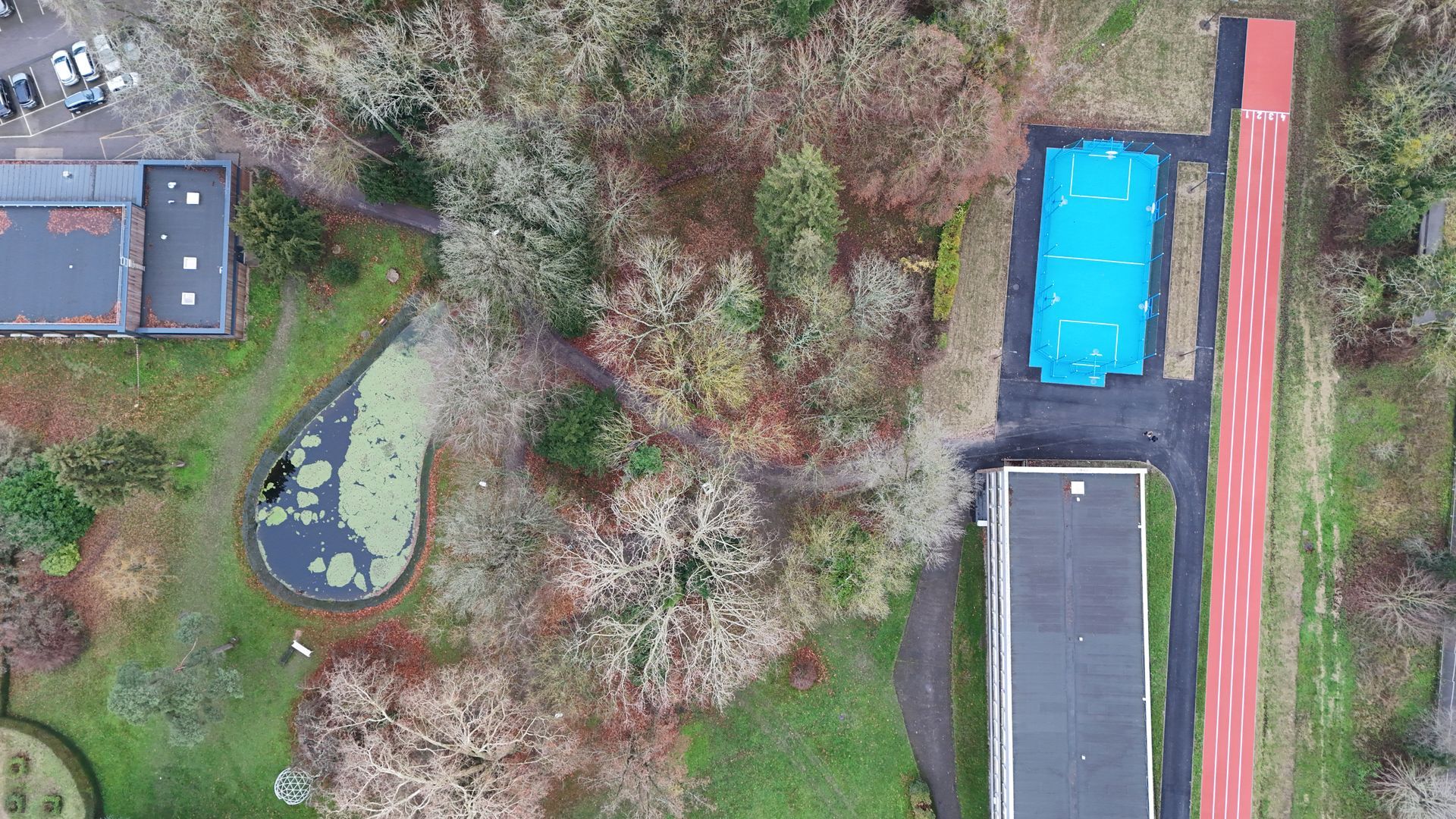 Vue aérienne d'un campus comprenant un étang, un grand bâtiment, une zone couverte d'un bleu vif et une piste rouge.