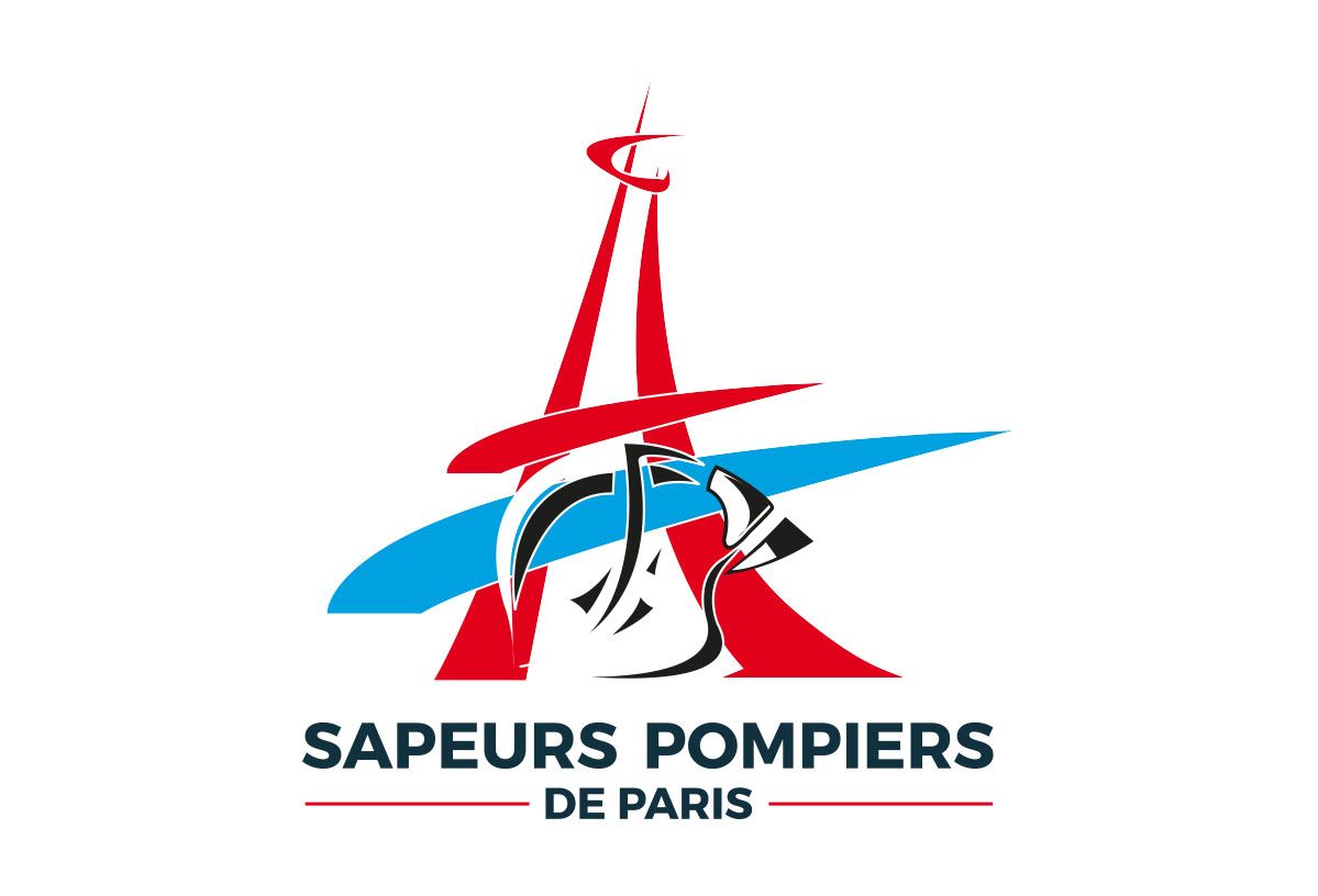 Logo des pompiers de Paris représentant une silhouette stylisée de la Tour Eiffel et d'un casque, en rouge, blanc et bleu.