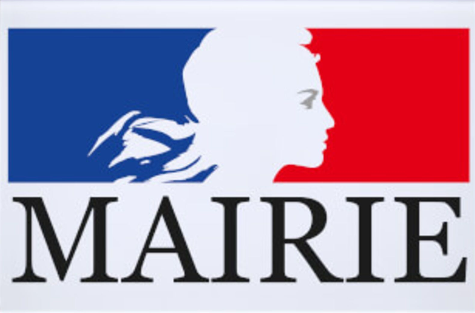Un profil stylisé de Marianne centré sur des rectangles bleus et rouges avec le mot « MAIRIE » en noir en dessous.