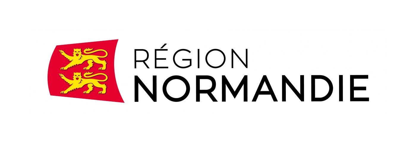Le logo officiel de la Région Normandie, représentant deux lions jaunes sur fond rouge à côté du texte « Région Normandie ».