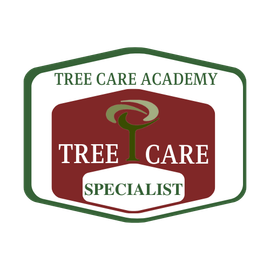 Logo for Tree Care Academy: green outline, burgundy hexagon with tree graphic, white text
