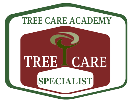 Logo: Tree Care Academy. Maroon hexagon with tree graphic. Text: