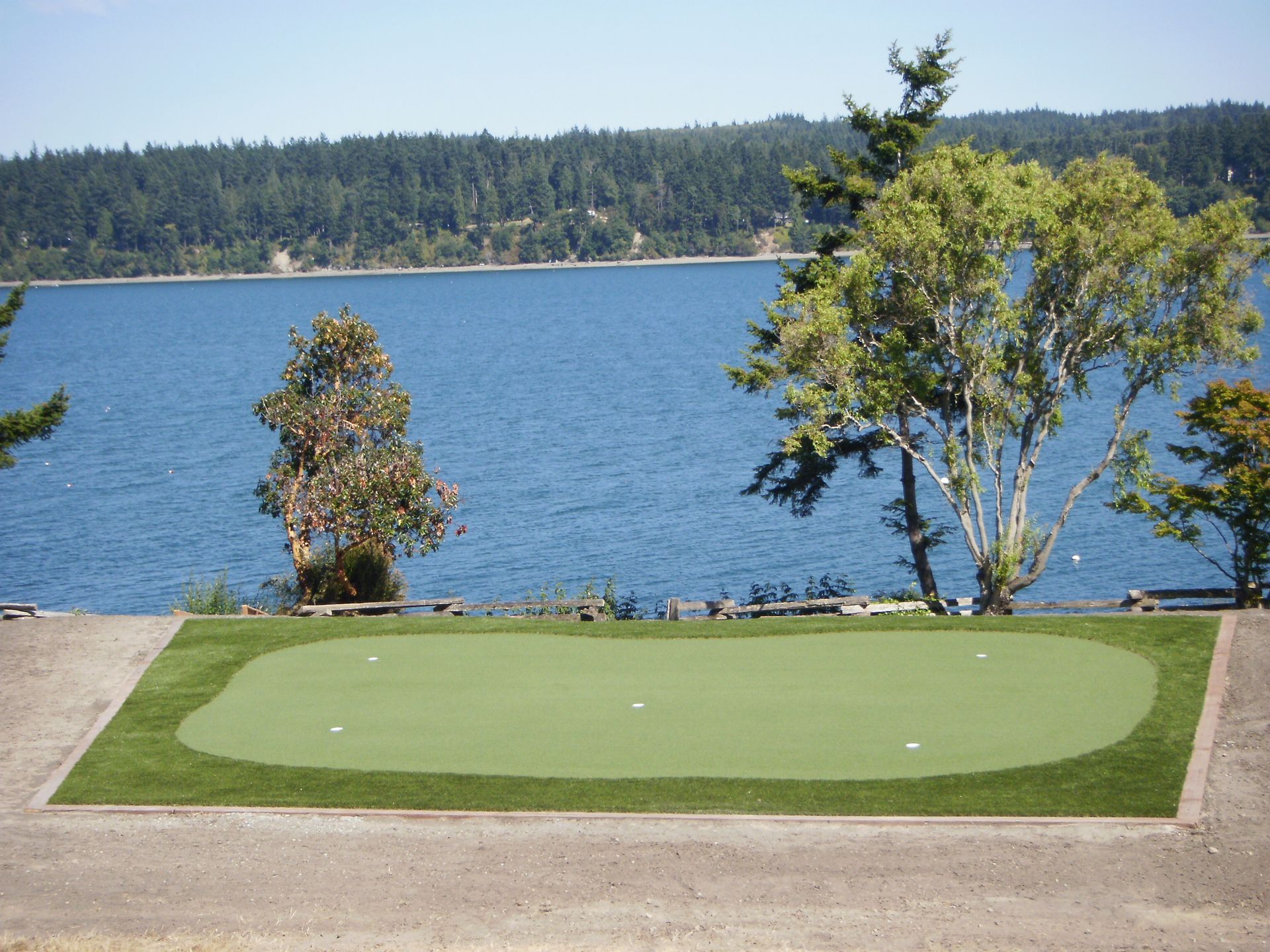 Golf putting green with a water and forest backdrop.