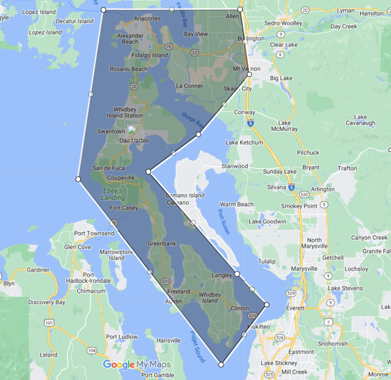 Map showing the Puget Sound region in Washington state, shaded with a blue polygon.
