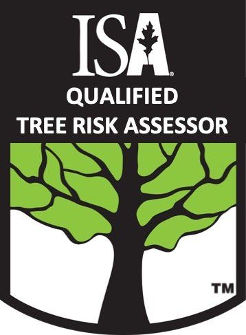 ISA Qualified Tree Risk Assessor badge: black, green, and white. Features a stylized tree with an oak leaf on top.