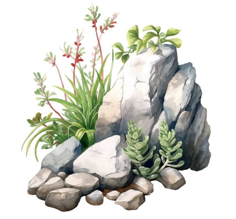 Rocks with various green and red plants.