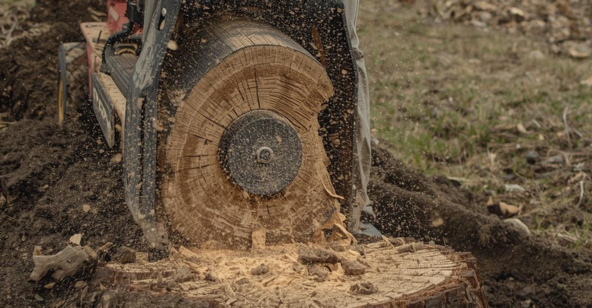 A person uses a chainsaw to cut through a tree stump, with wood shavings flying.
