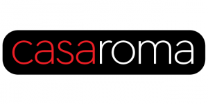 Un logo casaroma noir et rouge sur fond blanc