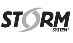 Un logo de système de tempête en noir et blanc sur fond blanc.