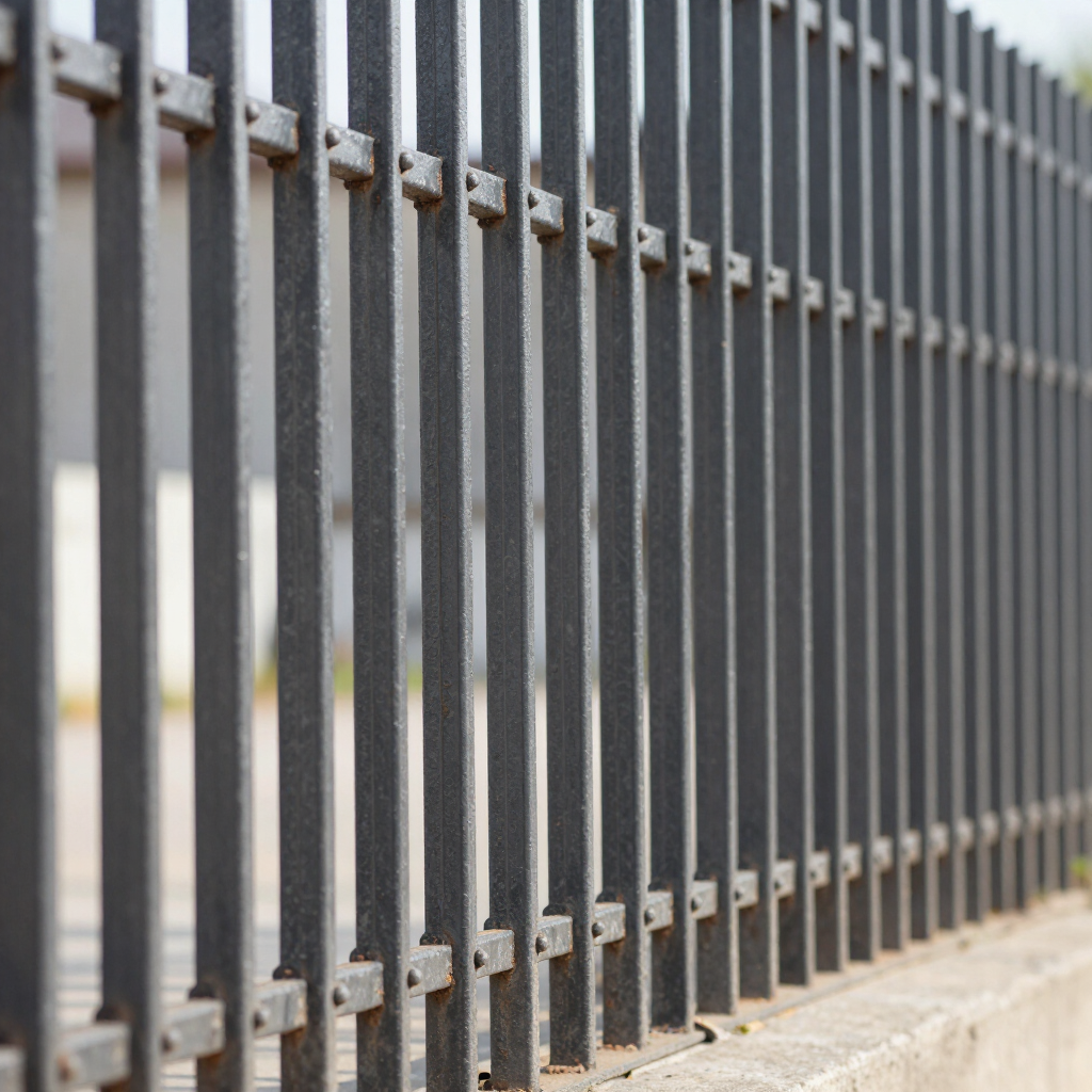 Black metal fence with vertical bars beside a concrete sidewalk in close-up.
