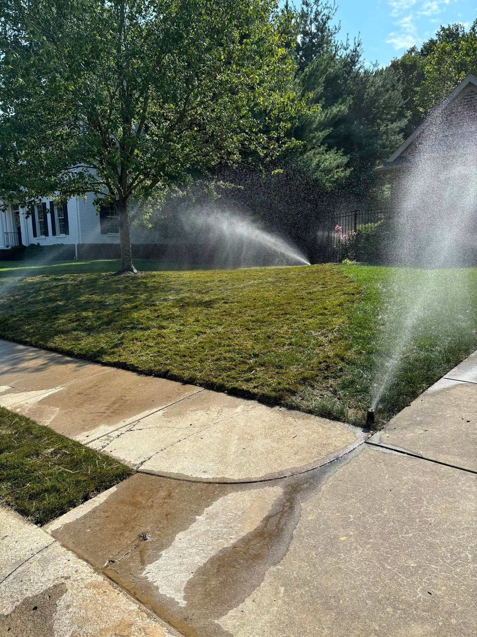 Sprinklers watering a grassy lawn beside a sidewalk and trees on a sunny day