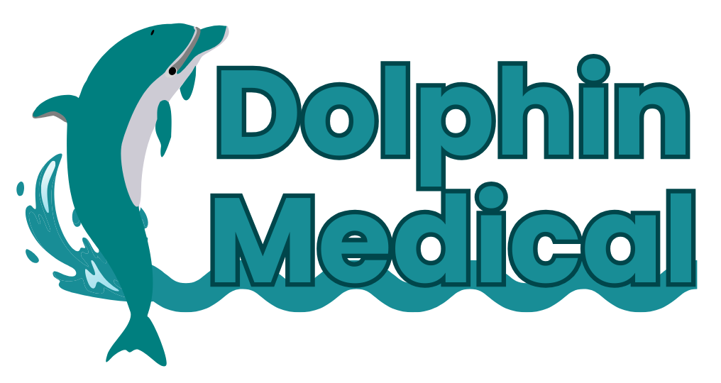 A logo for dolphin medical with a dolphin on it
