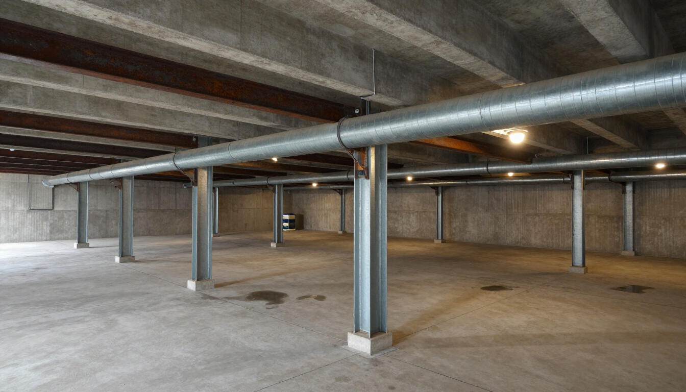 Empty concrete basement with exposed pipes and support columns under a low ceiling