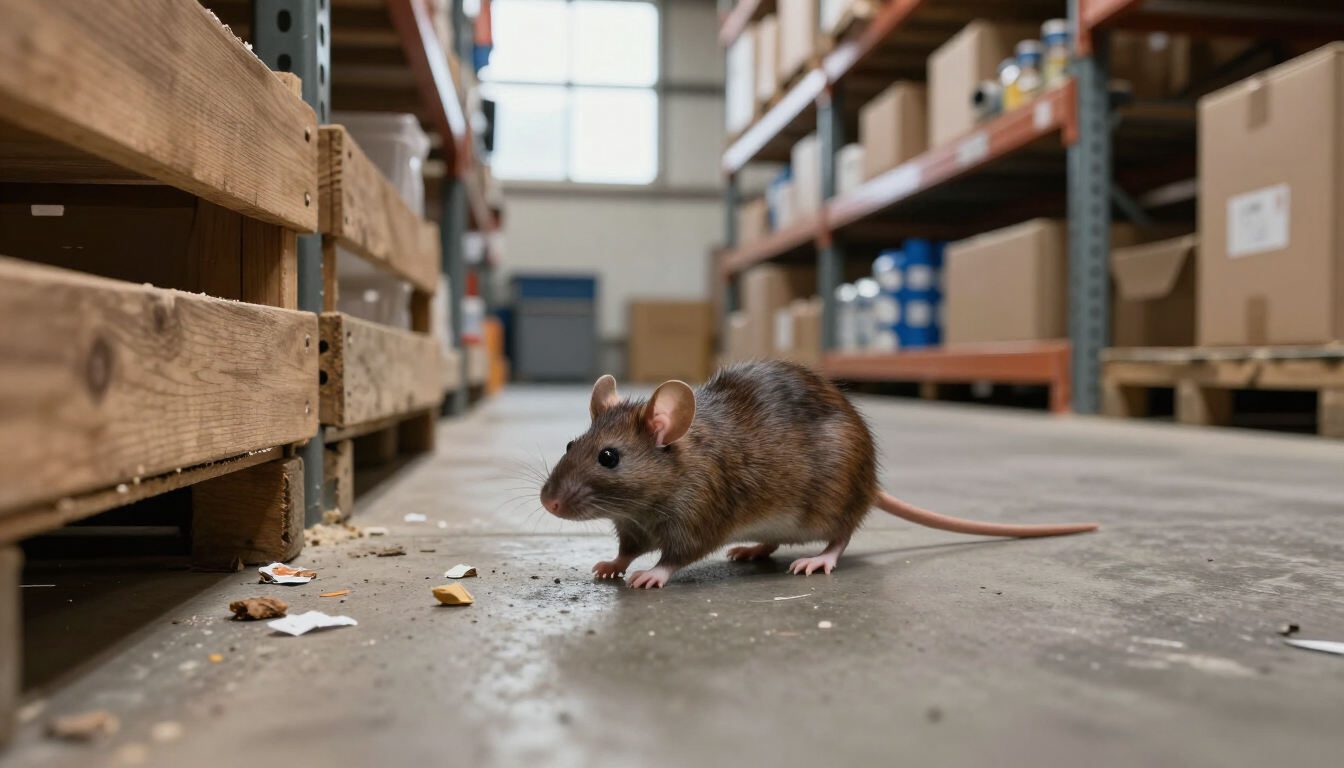Brown rat on a warehouse floor between shelves with scattered debris