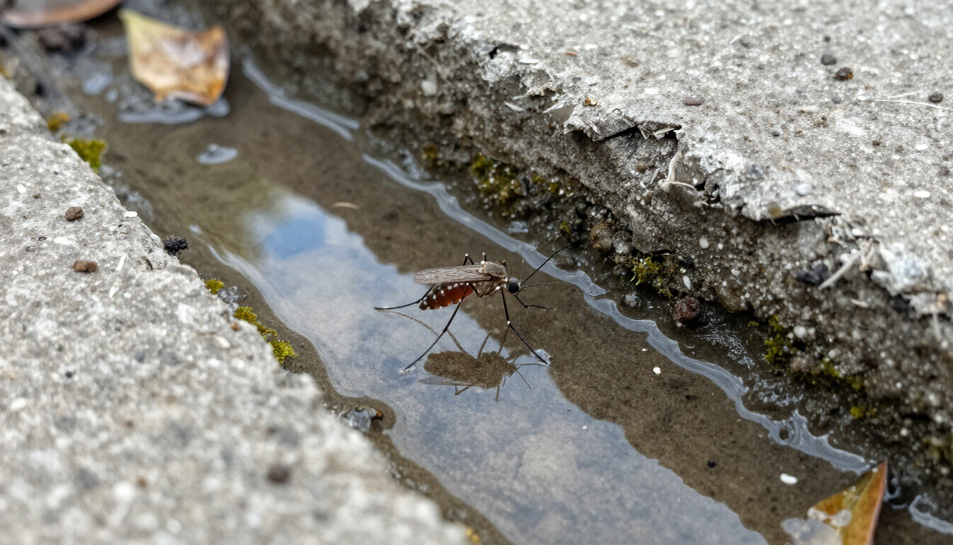 Mosquito standing in a shallow puddle between cracked concrete slabs