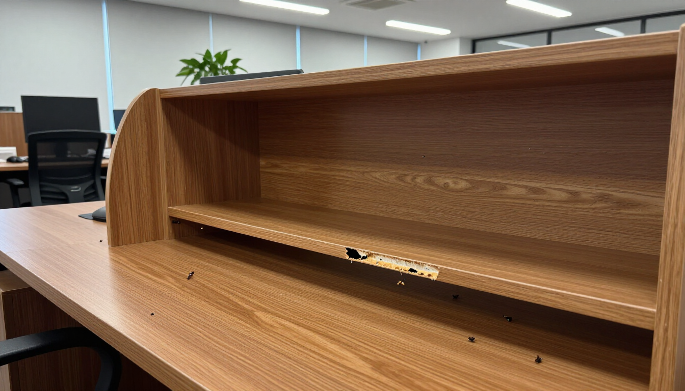 Wooden shelf on a desk in an office, with a blurred workspace in the background.