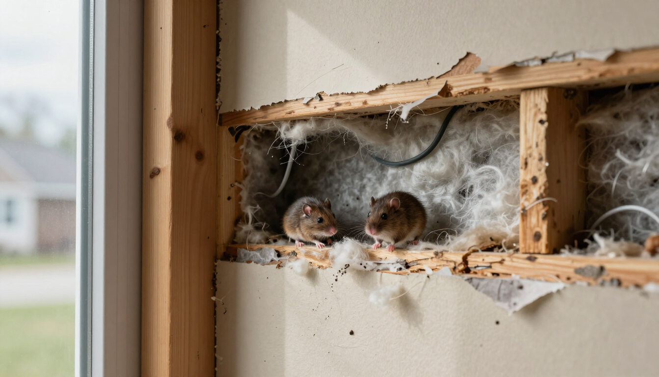 Bird chicks in a nest inside a damaged wall with exposed wood and plaster debris