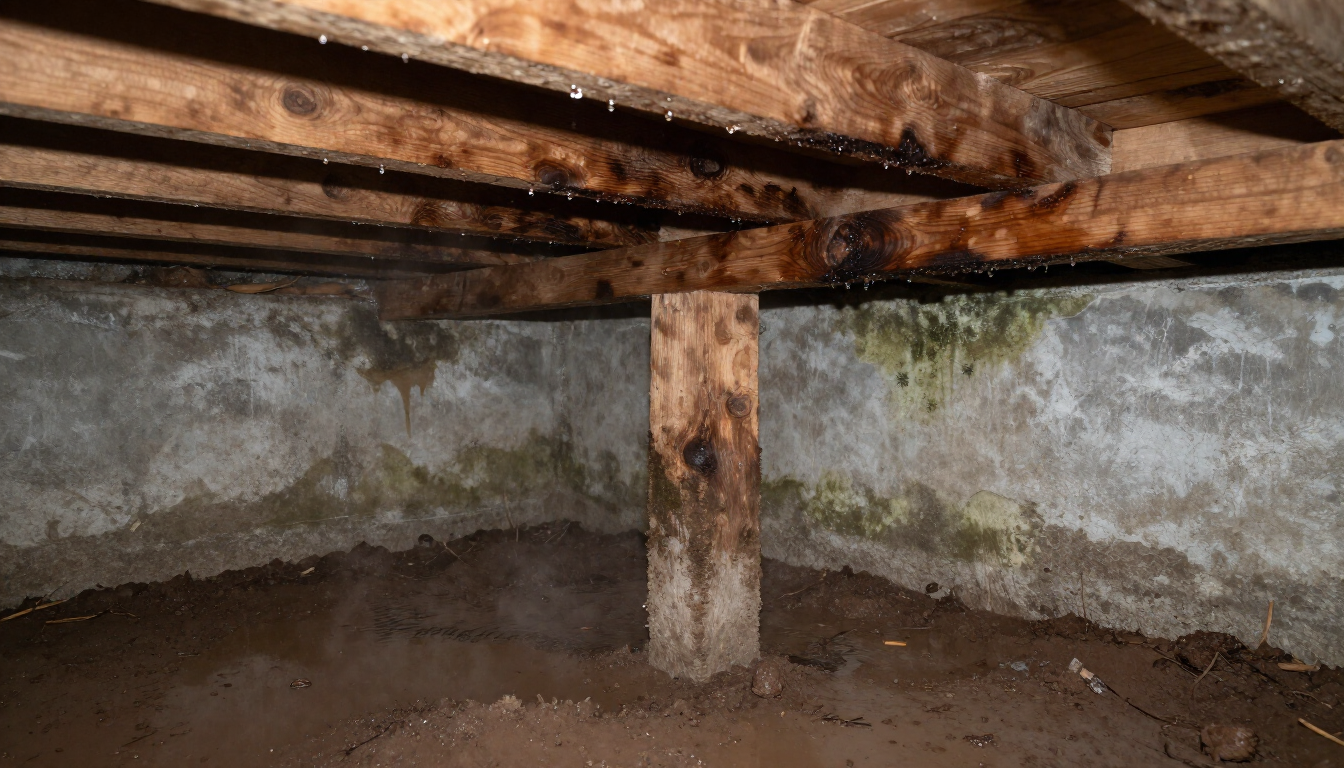 Damp crawl space with low wooden beams, a central support post, and stained concrete walls and floor