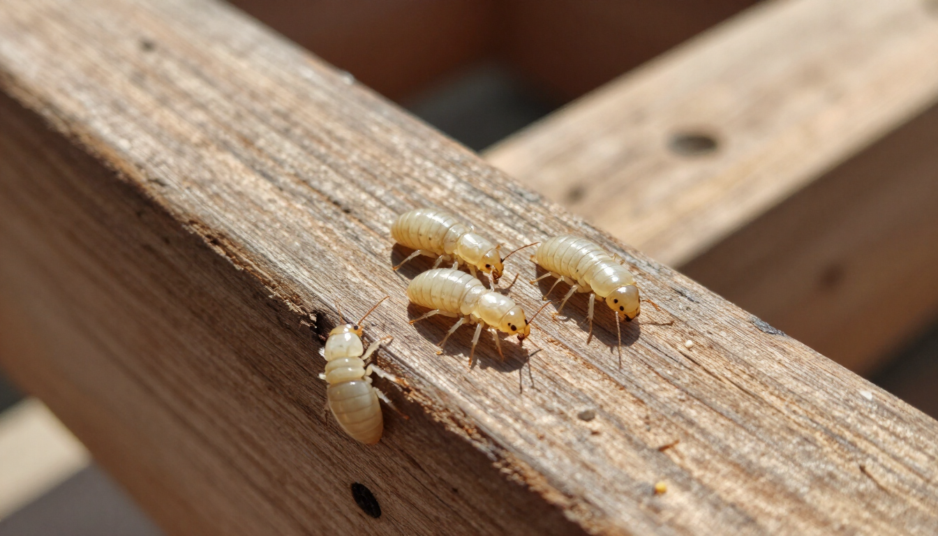 Three pale termites crawling on a wooden beam close-up