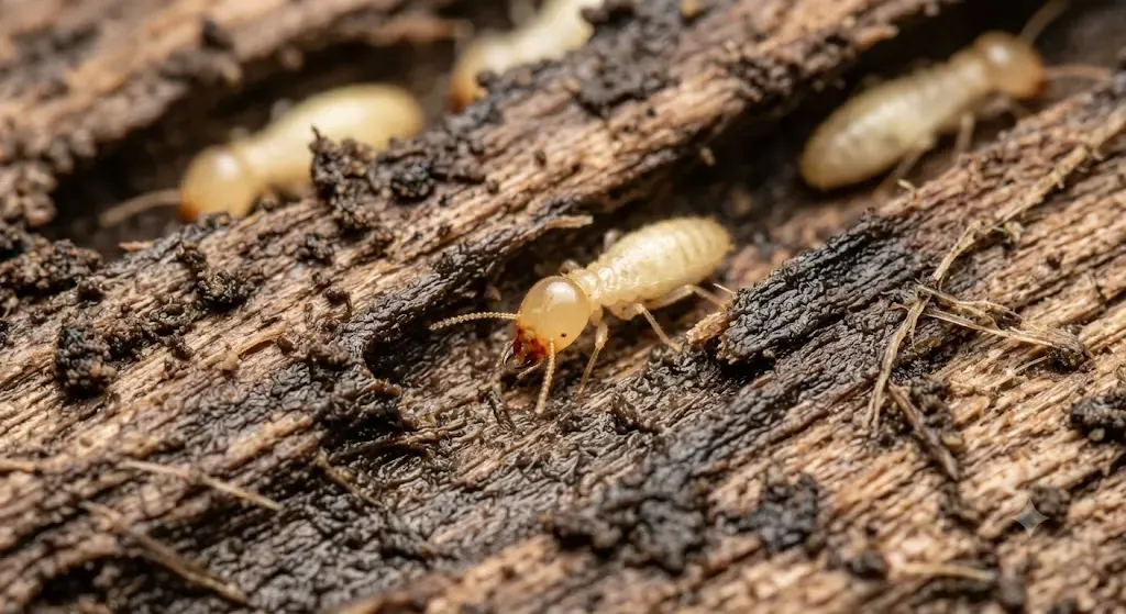 Brown earwig on weathered wood surface, viewed from above
